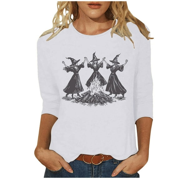 FAVIPT Witch Halloween Shirts for Women 3/4 Length Sleeve Round Neck Shirts Vintage Print Festival Novelty Tops Casual Scary Party Fall Tees White,L