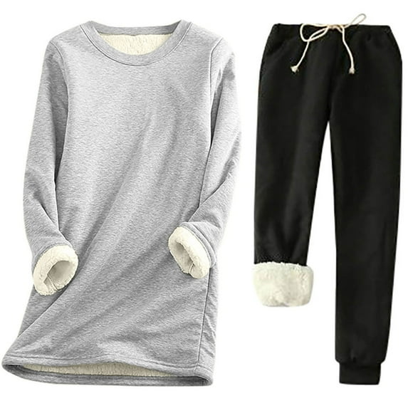 FAVIPT Woman Sweat Suits 2 Piece Set,Women Fleece Sweatsuit 2 Piece Outfit Winter Warm Sherpa Lined Tracksuit Solid Crewneck Sweatshirts and Sweatpants 2024 Black,L