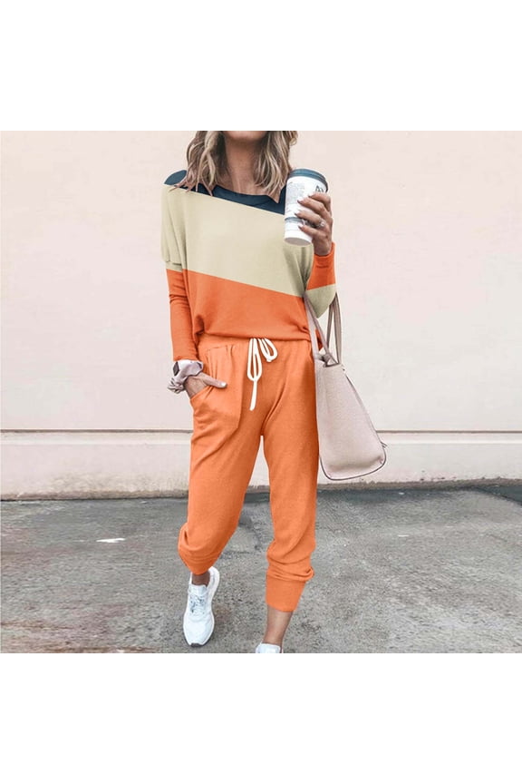 2 Piece Outfits for Women Sweatsuit Color Block Long Sleeve Pullover Top with Jogger Sweatpants Fall Fashion Loungewear Set Orange 5XL
