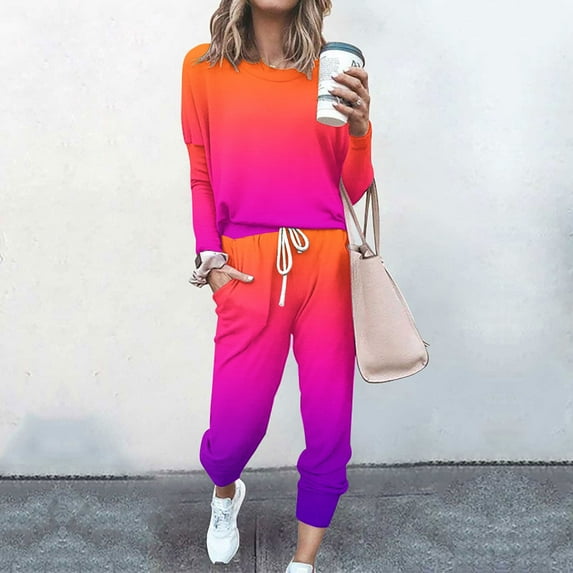 FAVIPT Women 2 Piece Outfit Gradient Crewneck Long Sleeve Track Suits Workout Drawstring Jogger Sets 2024 Fall Lounge Sets Orange XL