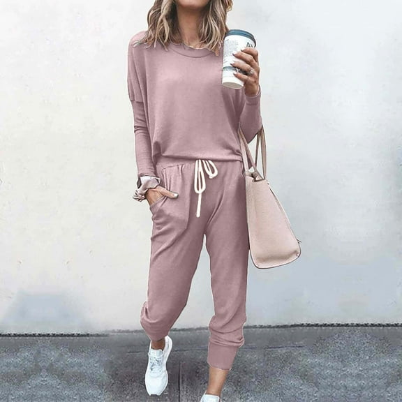 FAVIPT Women 2 Piece Outfit Solid Crewneck Long Sleeve Track Suits Workout Drawstring Jogger Sets 2024 Fall Lounge Sets Pink S