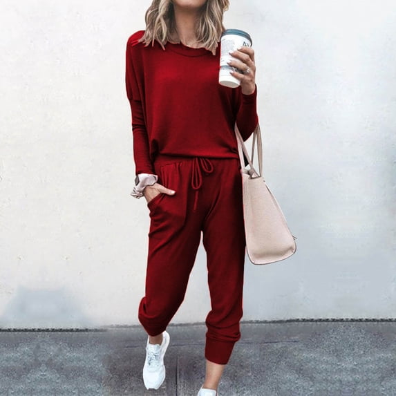 FAVIPT 2024 Lounge Sets for Women Fall 2 Piece Solid Outfits Tracksuit Jogger Set Long Sleeve Tops and Long Pants with Pockets Wine XXL
