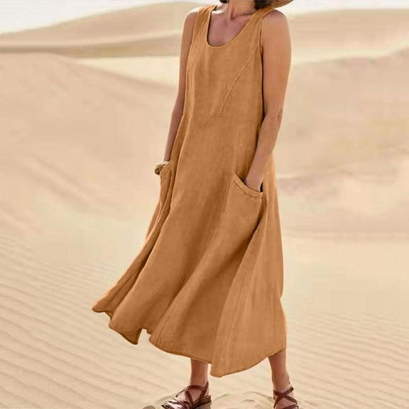 FAVIPT Women 2023 Summer Casual Solid Color Long Dress Sleeveless Crewneck Maxi Dresses Loose Pockets Cotton Linen Dress