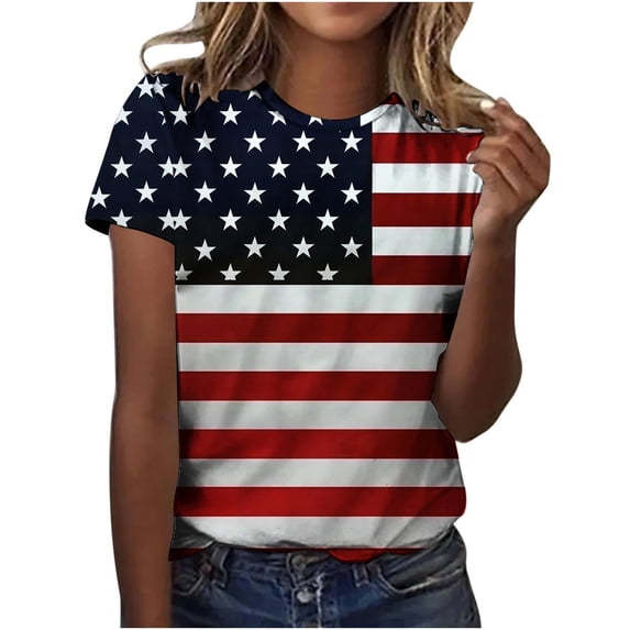 FAVIPT Women American Flag Shirt Red White and Blue Print Blouses Short Sleeve Round Neck Tunic Tees Casual Basic Loose 2025 Tops Multicolor,XXXXL