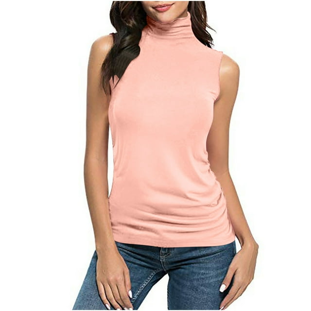 FAVIPT Women Camisole Tank Tops Stretchy Slim Fit Layer Shirts Sleeveless Turtleneck Solid Color Tees Front Pleated Summer 2025 Blouses Pink,S