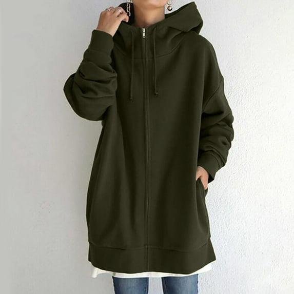FAVIPT Women Casual Zip Up Fleece Hoodies,Womens Long Zip Up Hoodie Jacket Solid Color Oversized Sweatshirts Fleece Casual Pockets 2023 Fall Drawstring Long Hooded Coats