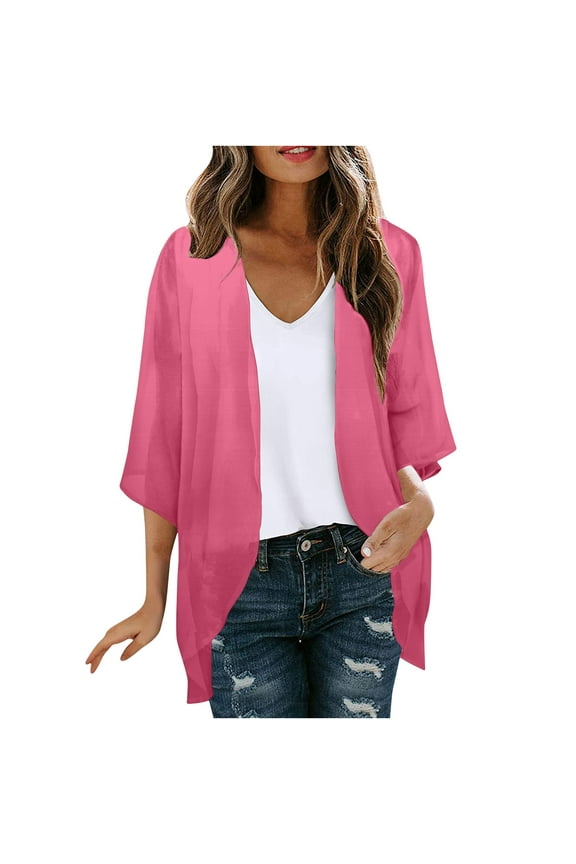 Women Chiffon Kimono Cardigan,Solid Color Dressy 3/4 Sleeve Chiffon Open Front Lightweight Summer Blouse Tops,Sheer Beach Cover Up 2024 Pink,XXL