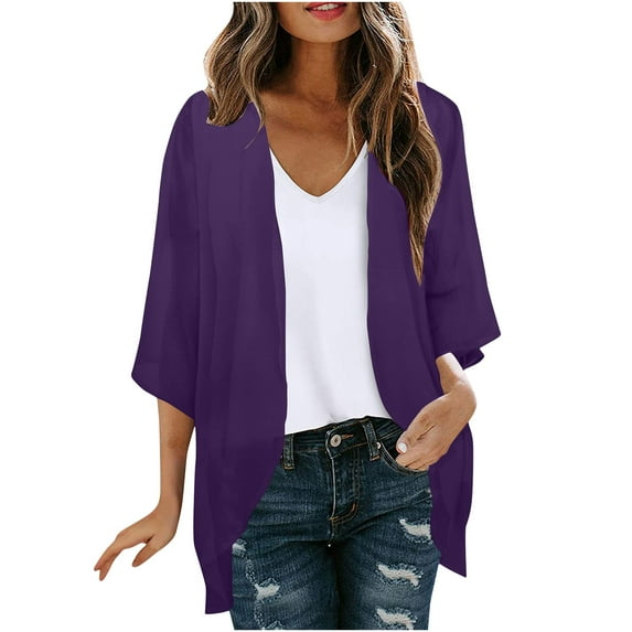 FAVIPT Women Chiffon Kimono Cardigan,Solid Color Dressy 3/4 Sleeve Chiffon Open Front Lightweight Summer Blouse Tops,Sheer Beach Cover Up 2024 Purple,S