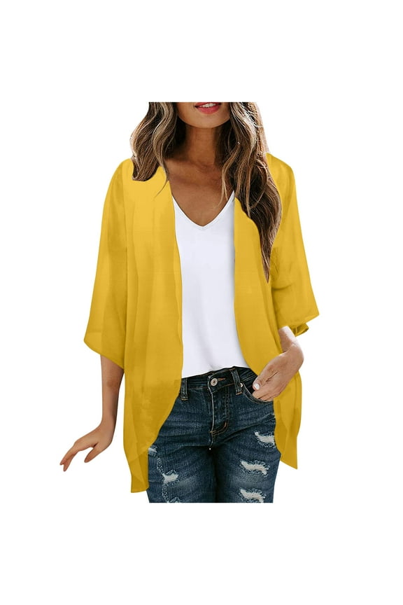Women Chiffon Kimono Cardigan,Solid Color Dressy 3/4 Sleeve Chiffon Open Front Lightweight Summer Blouse Tops,Sheer Beach Cover Up 2024 Yellow,XXL