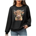 thumbnail image 1 of FAVIPT Women Christmas Sweatshirt Waffle Casual Crew Neck Pullovers Oversized Long Sleeve Fall Xmas Tops Cute Highland Cow Printing Fashion Shirts Black,S, 1 of 6