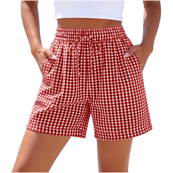 FAVIPT Women Cotton Boxer Shorts Drawstring Elastic High Waisted Shorts Gingham Plaid Loose Soft Shorts with Pockets Red,XL