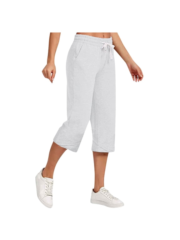 Women Cotton Capri Pants Crossover Split Hem Drawstring Linen Cropped Pants Elastic High Waisted Wide Leg Solid Capris White,M