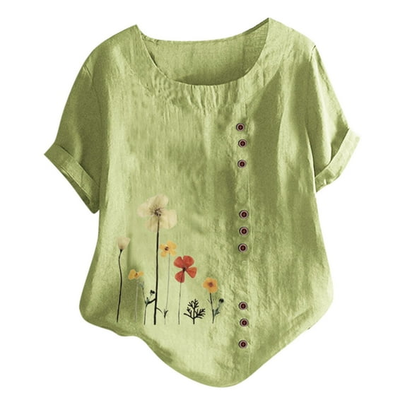 FAVIPT Women Cotton Linen Tshirt Tops Short Sleeve Dandelion Graphic Print Blouse Crewneck Patchwork Plus Size Button Tunic Tops Tees
