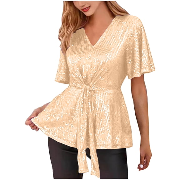 FAVIPT Women Elegant Peplum Blouse Tie Front Short Bell Sleeve V Neck Tops Sequin Party Night Shirt Gold,S