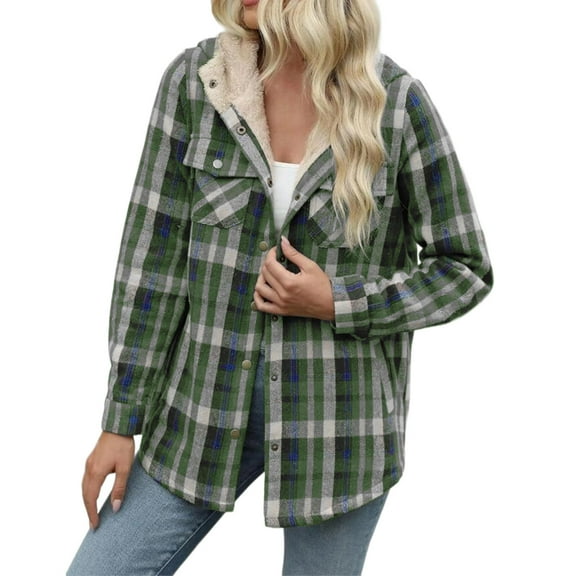 FAVIPT Women Fleece Plaid Shacket Button Up Long Sleeve Coats Lined Sherpa Winter Warm Jackets Casual Loose Pockets Hoodies Army Green,XL