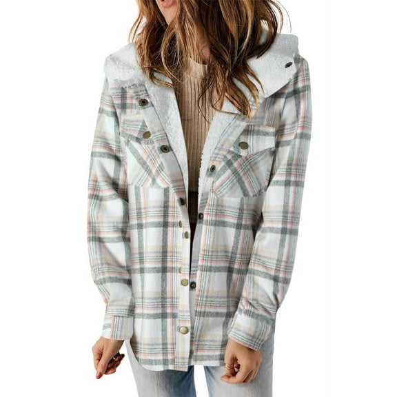 FAVIPT Women Fleece Plaid Shacket Button Up Long Sleeve Coats Lined Sherpa Winter Warm Jackets Casual Loose Pockets Hoodies Gray,XL