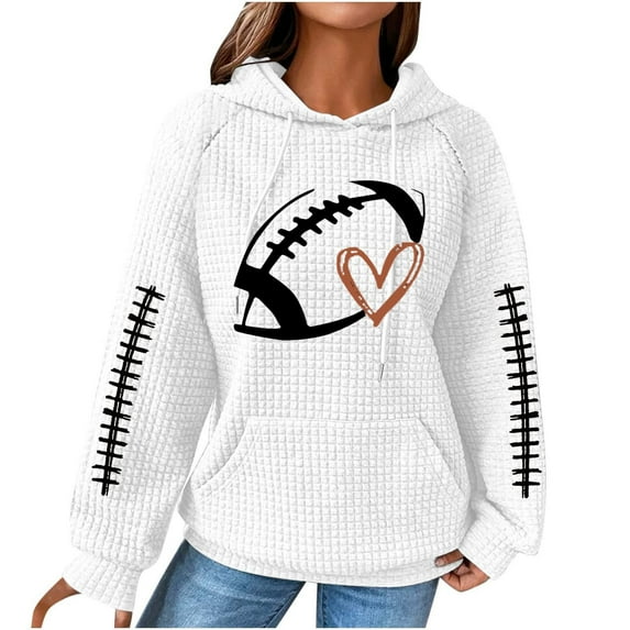 FAVIPT Women' Football Lover Casual Waffle Hoodie,Waffle Knit Hoodie for Women Game Day Sweatshirt Oversized Graphic Long Sleeve Sweater Football Season Pullover 2024 White,XXL
