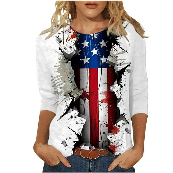 FAVIPT Women Fourth July Shirts Red Blue and White Tie Dye Print Tees 3/4 Sleeve Crew Neck Blouses Casual Trendy Summer 2025 T Shirt Multicolor,XXXL