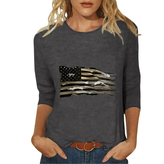FAVIPT Women Fourth of July Shirt Stars and Stripes USA Flag Print Blouses 3/4 Length Sleeve Crew Neck Tees Casual Trendy Summer 2025 Tops Gray,M