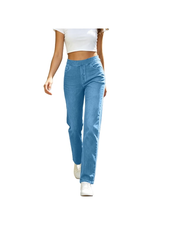 Women High Waisted Denim Pants Straight Leg Pull On Trousers Stretchy Loose Casual Summer Jeans with Pockets Light Blue,XXL