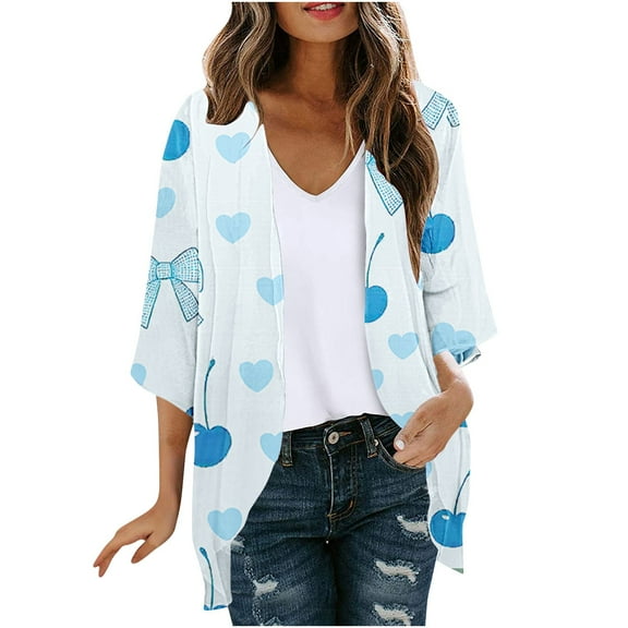 FAVIPT Women Kimono Cardigans Long Retro Graphic Printed Flowy Shirts 3/4 Puff Sleeve Cover Up Tops Casual Loose Summer Beach Blouses 2025 Light Blue,L