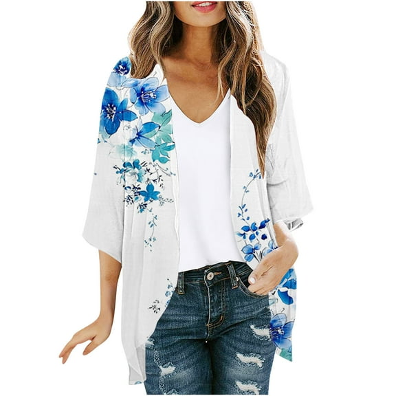 FAVIPT Women Kimono Cardigans Summer Beach Cover Up Shirts 3/4 Puff Sleeve Lightweight Tops Elegant Flowy Floral Print Shirts 2025 Multicolor,XXXL