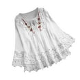 thumbnail image 1 of FAVIPT Women Linen Embroidered Tops Three Quarter Sleeve V Neck Bandage Shirts Bohemian Retro Lace Patchwork Blouses Casual Peasant Summer 2025 Tees White,XXL, 1 of 8