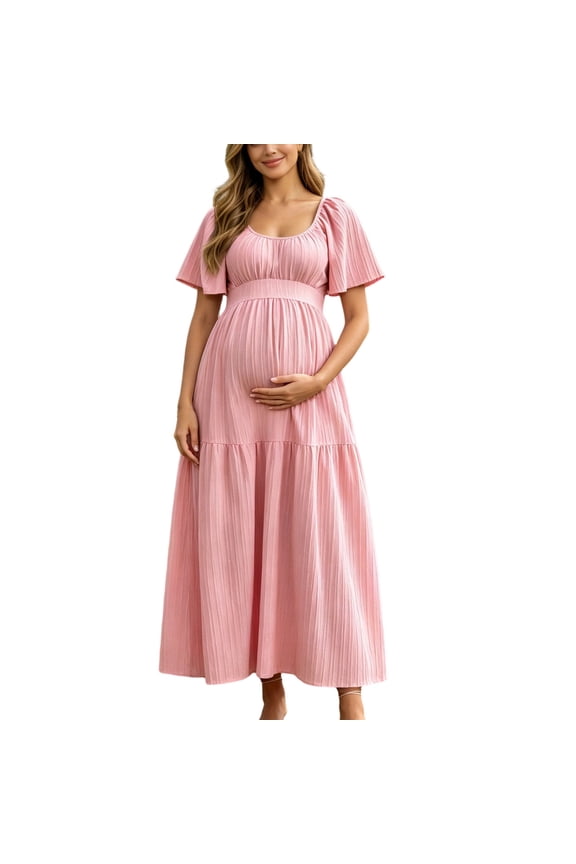 Women Maternity Dresses Casual Summer Smocked Tiered Ruffle Short Sleeve Pregnancy Dress Dressy Pregnant Skirt with Belt Pink,S