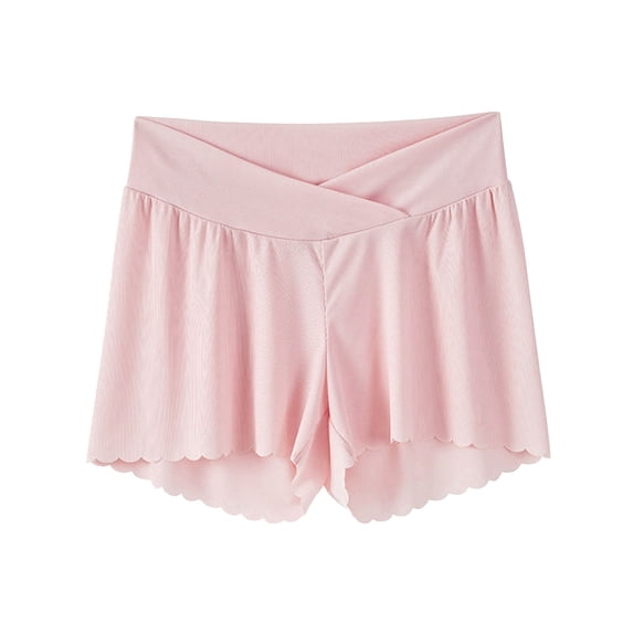 FAVIPT Women Maternity Shorts Summer Cross Waist Ruffled Hem Mid Thigh Shorts Solid Lightweight Loose Safety Short Pants Pink,M