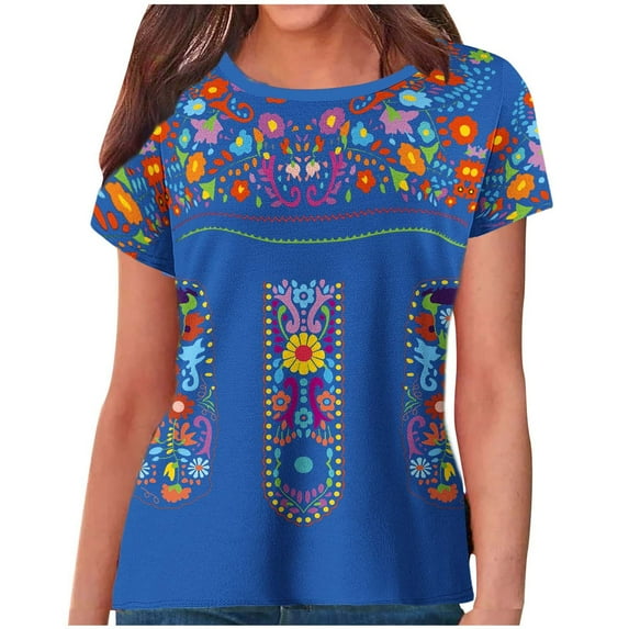 FAVIPT Women Mexican Embroidered Shirts Ethnic Style Retro Floral Print Tops Bohemian Peasant Crew Neck Blouses Pullover Relaxed Fit Festival Tunic Tees 2025 Blue,XXL