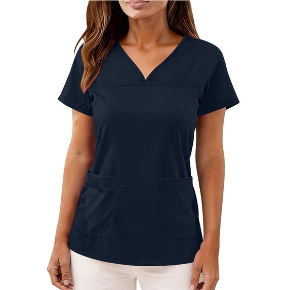 FAVIPT Women Nurses Plain Workwear V-Neck Short Sleeve Uniform Top Scrub Shirt with Pockets Navy,M