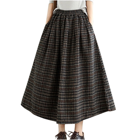 FAVIPT Women Plaid Wool Midi Skirt Vintage High Elastic Waist Outfits A-Line Pleated Fall Winter Skirt with Pockets Black,XL