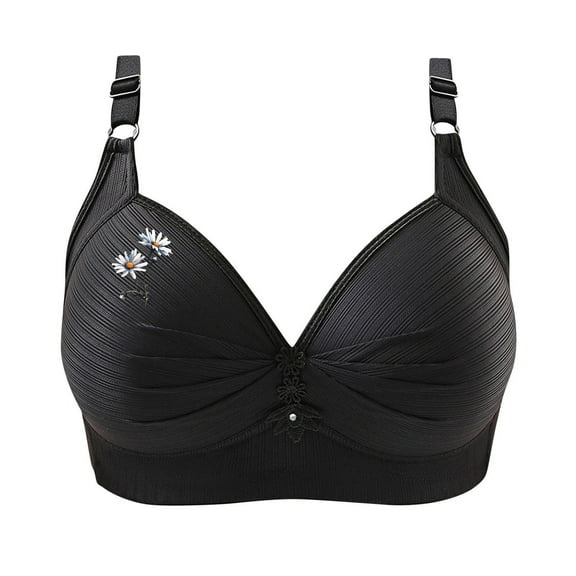 FAVIPT Women Push-Up Bra Wireless Floral Print Daily Underwear Breathable Adjustable Comfort Bras for Old Women 2025 Black,XXXXL