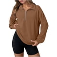 thumbnail image 1 of FAVIPT Women Quarter Zip Sweatshirt Waffle Knit Lapel Lightweight Pullover Long Sleeve Plain Pockets Outerwear Casual 2025 Fall Fashion Loose Tops Brown,S, 1 of 8