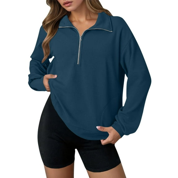 FAVIPT Women Quarter Zip Sweatshirt Waffle Knit Lapel Lightweight Pullover Long Sleeve Plain Pockets Outerwear Casual 2025 Fall Fashion Loose Tops Navy,L