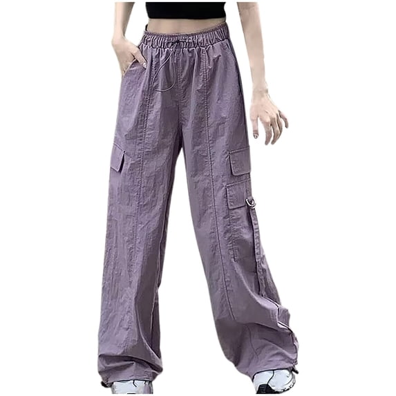 FAVIPT Women’S Wide Leg Baggy Cargo Pants Y2K Drawstring Elastic Waist Trousers Lightweight Hip Hop Streetwear with Pockets Purple,S