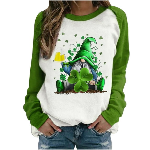 FAVIPT Women Shamrock St Patricks Day Sweatshirt Cute Gnome Graphic Pullover Top Casual Crewneck Long Sleeve Valentines Day Shirts 2025 Green,M