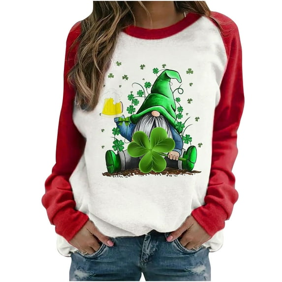 FAVIPT Women Shamrock St Patricks Day Sweatshirt Cute Gnome Graphic Pullover Top Casual Crewneck Long Sleeve Valentines Day Shirts 2025 Red,S