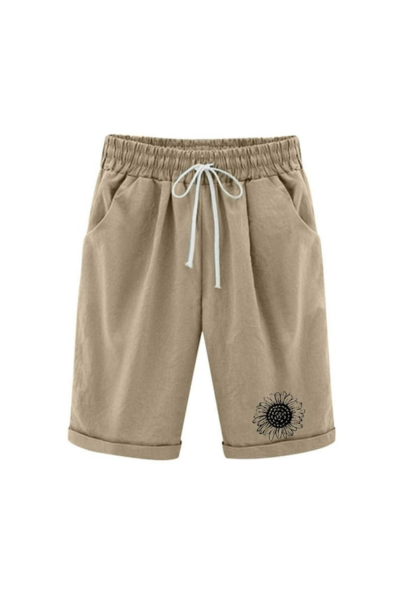 Women Shorts 2024,Bermuda Shorts for Women Knee Length Long Cotton Sweat Knit Shorts Pull On Walking Lounge Shorts with Pocket,Khaki,XXL