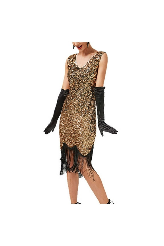 Women Sparkly Sequin Fringe Mini Dress Sleeveless Dance Tassel Dresses 2025 Bodycon Party Evening Gown Formal Dress Gold,L