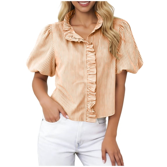 FAVIPT Women Striped Button Down Tops Puff Short Sleeve Ruffle Collar Tees Business Casual Summer Shirts Orange,S
