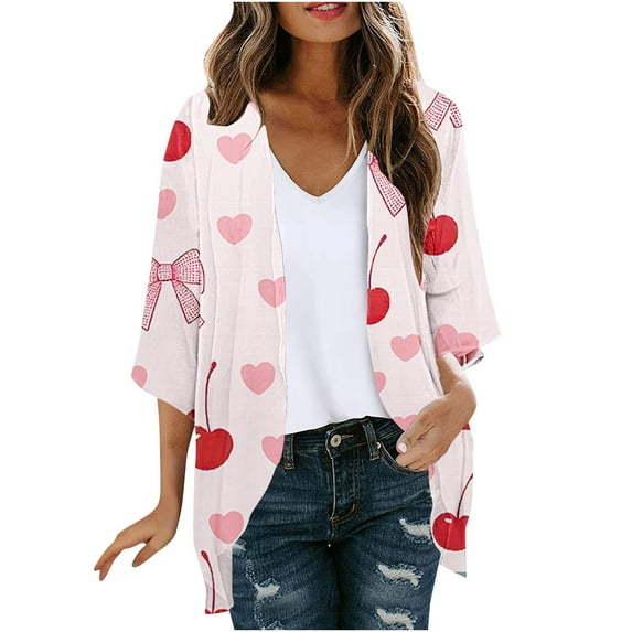 FAVIPT Women Summer Cardigans Lightweight Casual Loose 2025 Shirts 3/4 Puff Sleeve Chiffon Cover Up Blouses Retro Printed Flowy Tops Pink,XXL