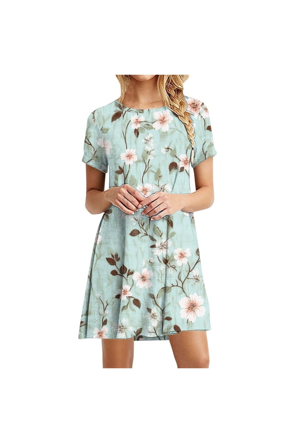 Women Summer Dresses 2025 Floral Printed Swing Pockets Short Sleeve Midi Dress Casual Beach Round Neck Skirt Dress Mint Green,S