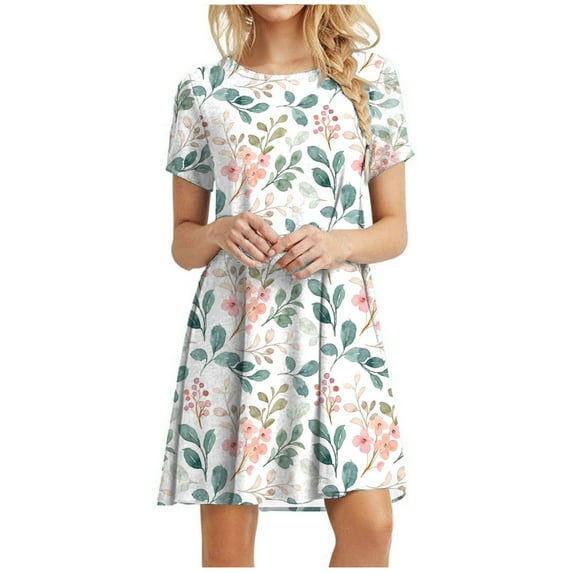 FAVIPT Women Summer Dresses 2025 Floral Printed Swing Pockets Short Sleeve Midi Dress Casual Beach Round Neck Skirt Dress White,XL
