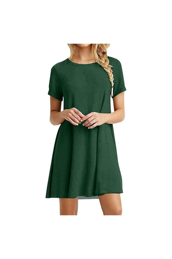 Women Summer Dresses 2025 Solid Color Printed Swing Pockets Short Sleeve Midi Dress Casual Beach Round Neck Skirt Dress Army Green,XL
