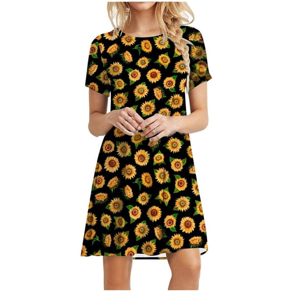 FAVIPT Women Summer Dresses 2025 Sunflower Printed Swing Pockets Short Sleeve Midi Dress Casual Beach Round Neck Skirt Dress Black,S