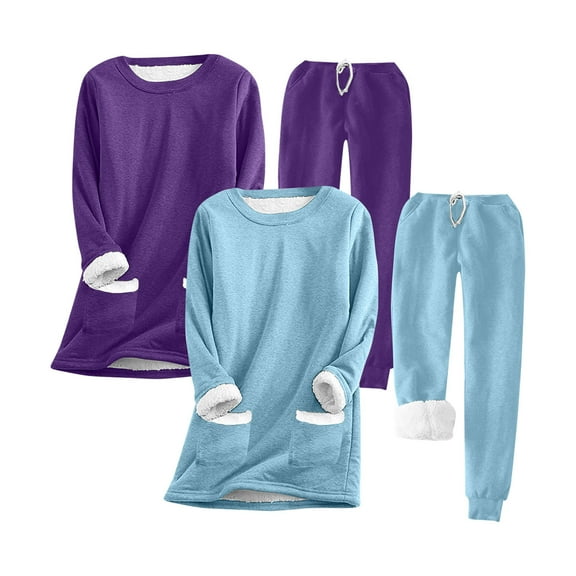 FAVIPT Women Sweatsuits Sets,Women Fleece Sweatsuit 2 Piece Outfit Winter Warm Sherpa Lined Tracksuit Solid Crewneck Sweatshirts and Sweatpants Pack of 2 Light Blue,XXL