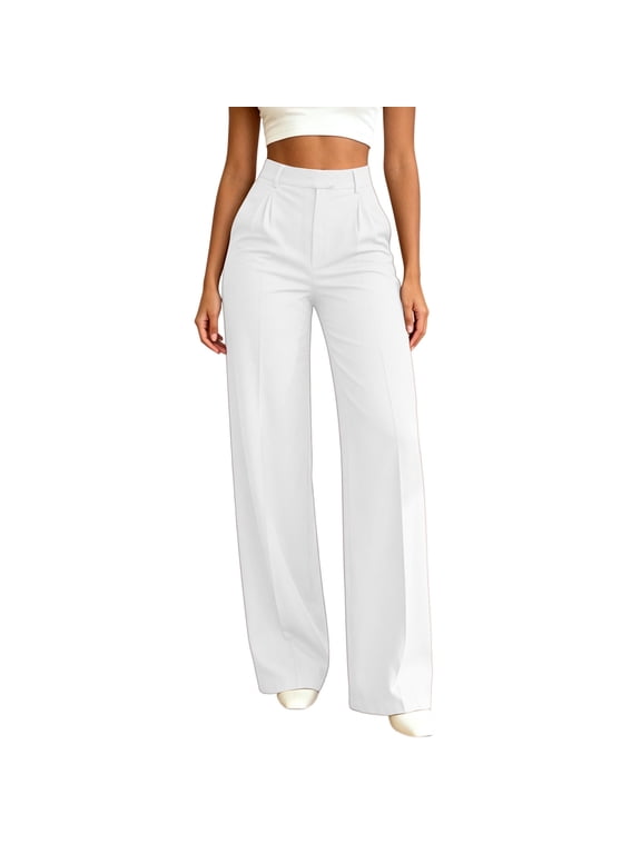 Women Wide Leg Dress Pants High Waisted Straight Leg Pleated Trousers Stretchy Business Work Office Slacks 2026 White,L
