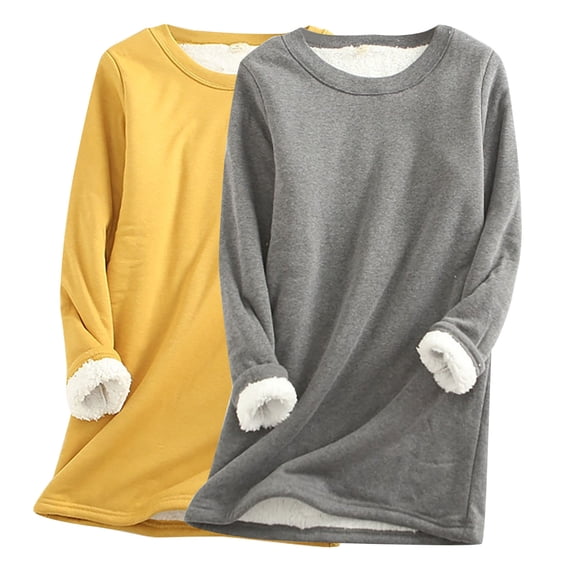 FAVIPT Women Winter Fleece Sweatshirt 2024 Soft Sherpa Lined Pullover Crewneck Solid Color Warm Sweatshirts Loungewear Tops Pack of 2 Gray,XXL