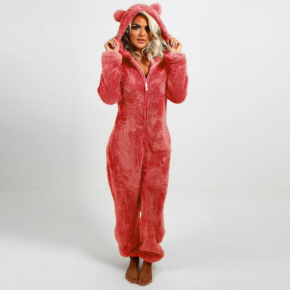 FAVIPT Women Winter Warm Furry Sherpa Romper Fleece Onesies Pajama One Piece Zipper Fuzzy Hooded Jumpsuit Sleepwear Loungewear,One Piece Pajamas for Women Plush Homewear 2024